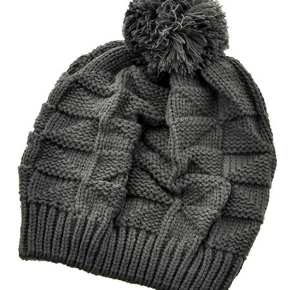 Grey Diamond Knit Crochet Pom Pom Beanie Cap